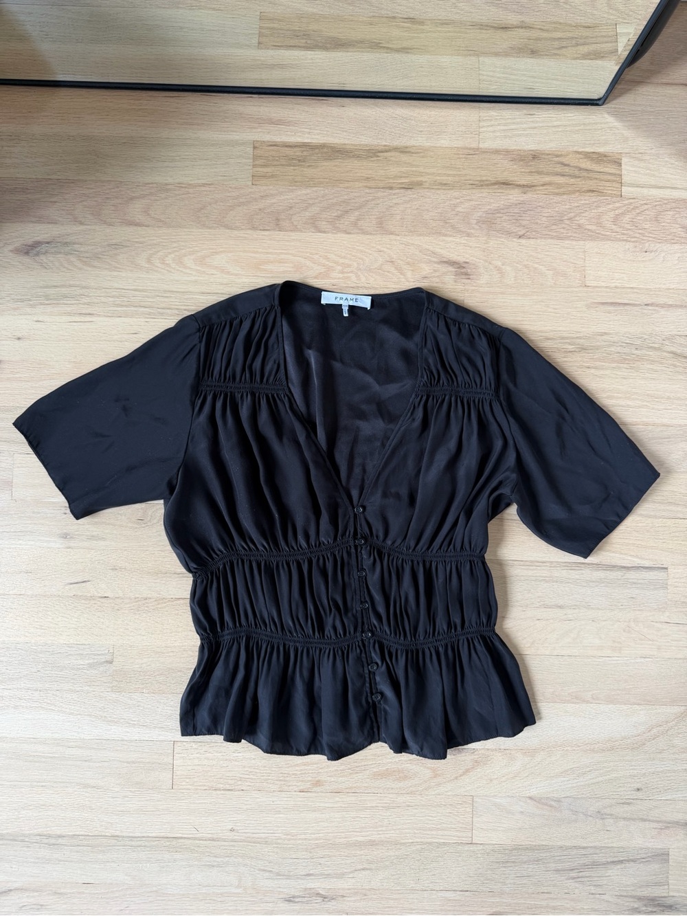 Frame Black silk Ruched Button-Front Women's Top